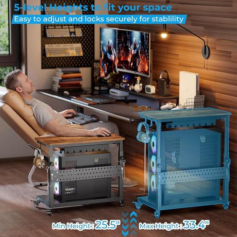 GreenForest Heavy-Duty Computer Tower Stand with Industrial Casters, 5-Level Height Adjustable Rolling PC Cart with Cable Management & Pegboard for Gaming, Full-Tower E-ATX Case, Home, Walnut in Saudi Arabia