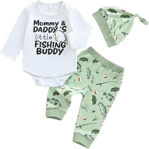 Karuedoo Newborn Baby Boy Fishing Outfit Letter Print Short Sleeve Romper Fish Print Pants with Hat 3 Piece Sets in Saudi Arabia