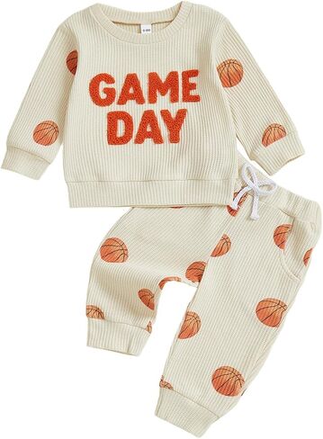 Toddler Baby Boy Basketball Outfit Game Day Sweatshirt and Wraffle Knit Pants Set 2Pcs Infant Fall Winter Clothes in Saudi Arabia