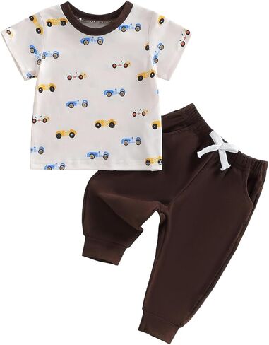 Toddler Baby Boy Clothes Cars Print Short Sleeve T-Shirt Top & Jogger Pant Set Spring Summer Outfit in Saudi Arabia