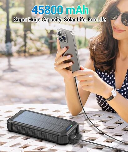 LATIMERIA 45800mAh Solar Charger Power Bank, Portable Phone Charger with 5V3.1A QC 3.0 Fast Charging, Solar Panel USB C in/Output for Cellphone, External Battery Pack with Dual Flashlights for Hiking in Saudi Arabia