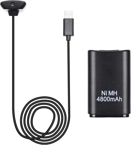 كابل شاحن 2 في 1 + بطارية Ni-MH قابلة لإعادة الشحن بقدرة 4800 مللي أمبير في الساعة بديلة لوحدة التحكم اللاسلكية Xbox 360 اللون أسود in Kuwait