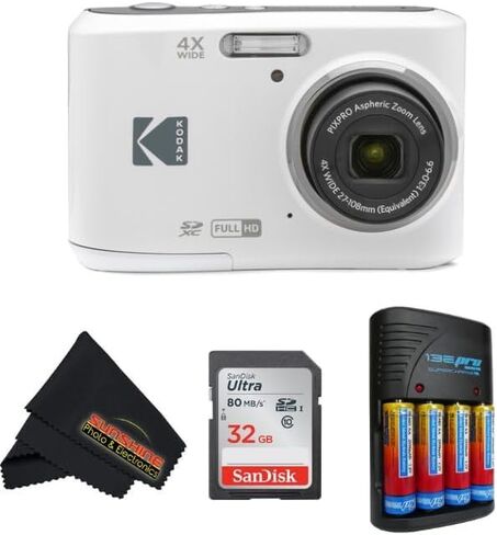كاميرا رقمية KODAK PIXPRO FZ45 بمستشعر CMOS بدقة 16 ميجابكسل وتكبير بصري 5X مع قطعة قماش للتنظيف من الألياف الدقيقة للصور بأشعة الشمس (حزمة متقدمة، أبيض) in Kuwait