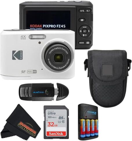كاميرا رقمية KODAK PIXPRO FZ45 بمستشعر CMOS بدقة 16 ميجابكسل وتكبير بصري 5X مع قطعة قماش للتنظيف من الألياف الدقيقة للصور بأشعة الشمس (حزمة متقدمة، أبيض) in Kuwait