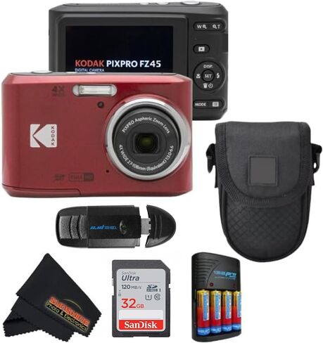 كاميرا رقمية KODAK PIXPRO FZ45 بمستشعر CMOS بدقة 16 ميجابكسل وتكبير بصري 5X مع قطعة قماش للتنظيف من الألياف الدقيقة للصور بأشعة الشمس (حزمة متقدمة، أبيض) in Kuwait