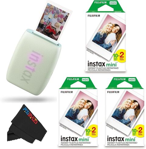 طابعة Fujifilm Instax Mini Link 3 للهواتف الذكية مع أفلام Instax Mini وقطعة قماش تنظيف من الألياف الدقيقة Pixibytes (3 × عبوة مزدوجة (60 ورقة)، أخضر داكن) in Saudi Arabia