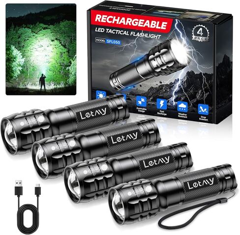 LETMY 4 Pack Rechargeable Flashlights 3 Modes Zoomable LED Flashlights in Kuwait