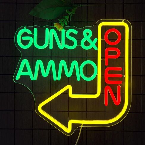 Open Neon Sign - Guns Ammo Store LED Light for Wall Decor Dimmable Gun Signs Lamp for Gun Store, Ammo Shop, Shooting Range Bright Green & Red Lighting for Shop Entrance(12.6 * 12.5inch) in Saudi Arabia