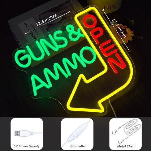 Open Neon Sign - Guns Ammo Store LED Light for Wall Decor Dimmable Gun Signs Lamp for Gun Store, Ammo Shop, Shooting Range Bright Green & Red Lighting for Shop Entrance(12.6 * 12.5inch) in Saudi Arabia