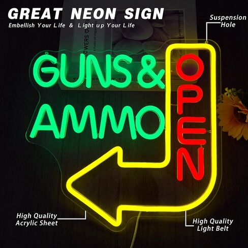 Open Neon Sign - Guns Ammo Store LED Light for Wall Decor Dimmable Gun Signs Lamp for Gun Store, Ammo Shop, Shooting Range Bright Green & Red Lighting for Shop Entrance(12.6 * 12.5inch) in Saudi Arabia