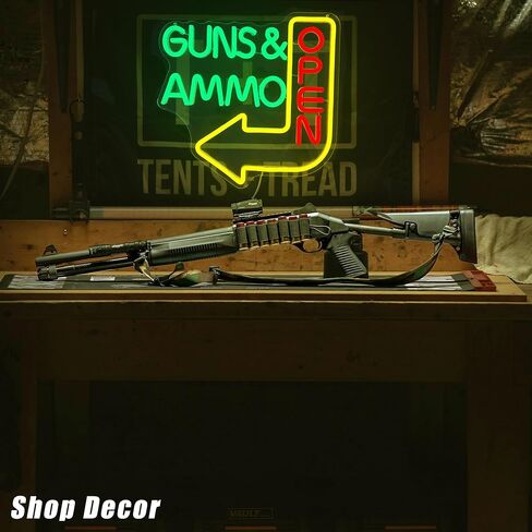 Open Neon Sign - Guns Ammo Store LED Light for Wall Decor Dimmable Gun Signs Lamp for Gun Store, Ammo Shop, Shooting Range Bright Green & Red Lighting for Shop Entrance(12.6 * 12.5inch) in Saudi Arabia