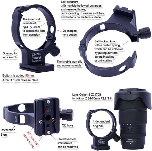 طوق عدسة حلقي مثبت على حامل ثلاثي متوافق مع Nikon Nikkor Z مقاس 24-70 مم F2.8 S II، قاعدة حامل دعم العدسة هي لوحة إطلاق سريعة تناسب Arca-Swiss لمشبك رأس حامل ثلاثي القوائم Arca ومثبت الكاميرا in Saudi Arabia