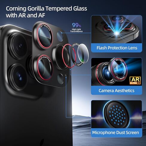 واقي عدسة الكاميرا لهاتف iPhone 16 Pro Max/iPhone 16 Pro/iPhone 15 Pro Max/iPhone 15 Pro/iPhone 14 Pro Max/14 Pro، [مقاوم للكسر من الدرجة العسكرية] [معدن تغطية كاملة] [امتصاص قوي] غطاء شاشة كاميرا من الزجاج المقوى من سبائك الألومنيوم المعدني 9H، [الحافظة- in Kuwait