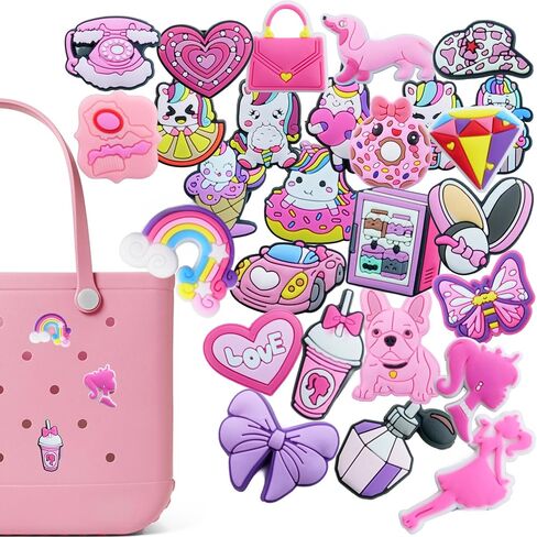 Charms for Bogg Bag, 7 20 27 29 Pcs PVC Pink Decoration for Bogg Bags, Women Accessories Bag Charms for Rubber Tote Beach Bags in Saudi Arabia