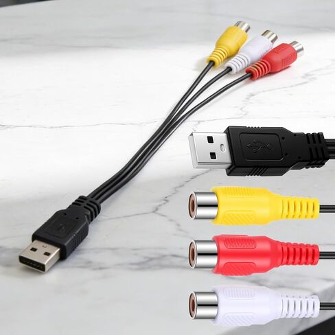 كابل USB إلى RCA بطول 5 أقدام، USB A 2.0 ذكر إلى 3 RCA أنثى التقاط صوت فيديو AV محول سلك كابل مركب للكمبيوتر الشخصي والتلفزيون وأقراص DVD والكاميرات الرقمية وكاميرا الفيديو in Kuwait