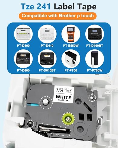 10 عبوات شريط ملصقات TZe-241 18 مم 0.7 أبيض مصفح متوافق مع شريط صانع الملصقات Brother P Touch Tze-241 TZe241 TZ241 3/4 بوصة لصانع الملصقات Ptouch PT-D400 PT-D460t PT-D410 PT-D600 PT-D610bt in Kuwait