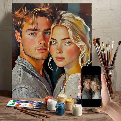 طلاء شخصي مخصص بالأرقام للمبتدئين - مجموعة للبالغين مخصصة على القماش من صورتك الخاصة، لوحة زيتية مصنوعة يدويًا مع إطار هدية لعيد الميلاد لصديقتك وصديقك في عيد الحب (16 × 16 بوصة) in Kuwait