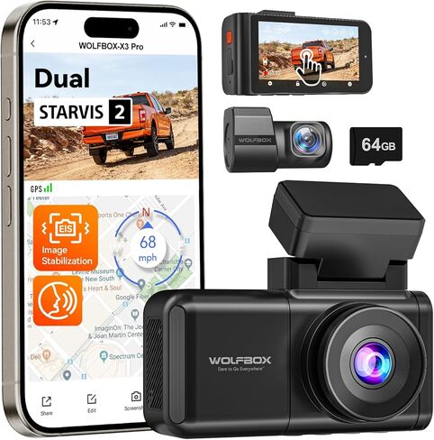 كاميرا WOLFBOX X3 PRO Dash Cam أمامية وخلفية، Dual STARVIS 2 IMX675، 1440P 60FPS+1440P ADAS كاميرا سيارة، تثبيت الصورة EIS مع واي فاي فائق السرعة 5.8 جيجا هرتز، التحكم الصوتي وشاشة تعمل باللمس 3 بوصات، بطاقة 64 جيجابايت ونظام تحديد المواقع in Saudi Arabia