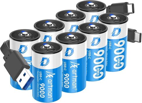 Artman Rechargeable Lithium D Batteries 8 Pack, 9000mWh Rechargeable Lithium-ion D Cell Battery with 4 2-in-1 USB-C Charging Cable, 1.5V Batteries D Size for Floodlight Toys, Water Heater, Gas Stove in Saudi Arabia