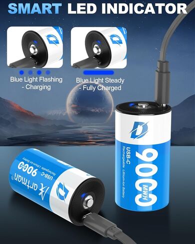 Artman Rechargeable Lithium D Batteries 8 Pack, 9000mWh Rechargeable Lithium-ion D Cell Battery with 4 2-in-1 USB-C Charging Cable, 1.5V Batteries D Size for Floodlight Toys, Water Heater, Gas Stove in Saudi Arabia