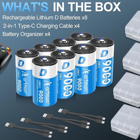 Artman Rechargeable Lithium D Batteries 8 Pack, 9000mWh Rechargeable Lithium-ion D Cell Battery with 4 2-in-1 USB-C Charging Cable, 1.5V Batteries D Size for Floodlight Toys, Water Heater, Gas Stove in Saudi Arabia