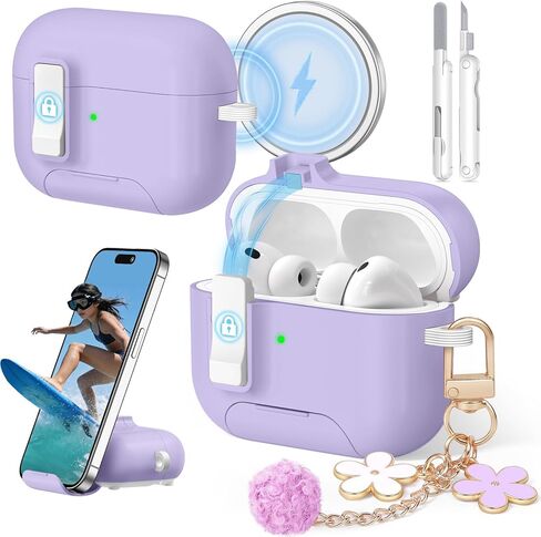 حافظة AirPods Pro 3 (2025) مع سلسلة مفاتيح لطيفة، غطاء حماية آمن لجهاز Apple AirPods Pro الجيل الثالث مع حامل هاتف ومجموعة تنظيف للنساء والفتيات، متوافق مع MagSafe، أرجواني in Kuwait