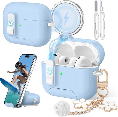 حافظة AirPods Pro 3 (2025) مع سلسلة مفاتيح لطيفة، غطاء حماية آمن لجهاز Apple AirPods Pro الجيل الثالث مع حامل هاتف ومجموعة تنظيف للنساء والفتيات، متوافق مع MagSafe، أرجواني in Kuwait