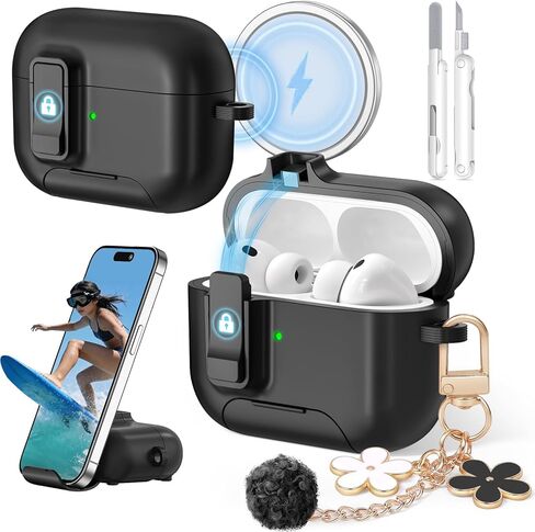 حافظة AirPods Pro 3 (2025) مع سلسلة مفاتيح لطيفة، غطاء حماية آمن لجهاز Apple AirPods Pro الجيل الثالث مع حامل هاتف ومجموعة تنظيف للنساء والفتيات، متوافق مع MagSafe، أرجواني in Kuwait