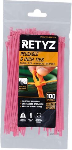 RETYZ 6-Inch Black Reusable Releasable Cable Ties – 100 Pack, 18 lb Strength, Patented Quick-Release, One-Handed, Tool-Free Design for DIY and Retail Applications in Saudi Arabia