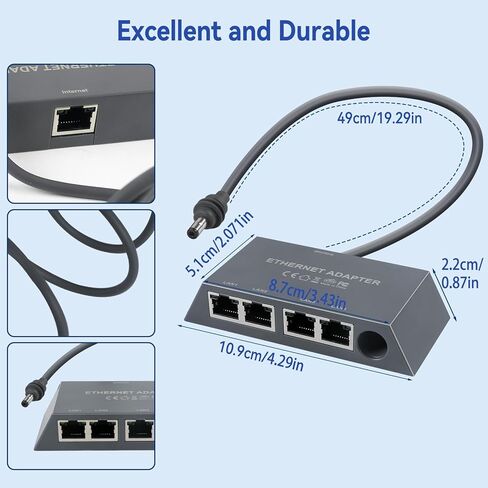 ELUTENG Starlink Multi Port Ethernet Adapter 50cm/1.6ft for Starlink Gen 3 / MINI, 4-Ports Ethernet Dongles RJ45 Interface Wired Extenders with USB C to DC Adapter - 4 Devices Networked Simultaneously in Saudi Arabia