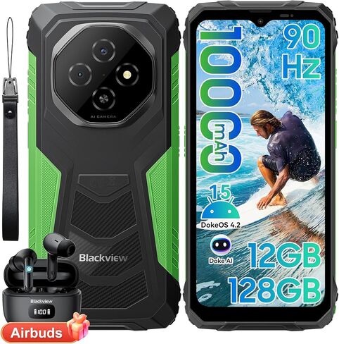 Blackview Fort 1 هاتف متين يعمل بنظام Android بطارية 15,10000 مللي أمبير في الساعة 12 جيجابايت + 128 جيجابايت 2 تيرابايت توسيع الهاتف الذكي القوي غير مقفل، Gemini AI 6.56 بوصة 90 هرتز، 4G T-Mobile ثنائي شريحة الاتصال IP69K مقاوم للماء، بصمة الإصبع/NFC/OTG in Kuwait