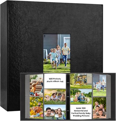 1000 جيب ألبوم صورة 4x6 جلدية ، وسعة كبيرة إضافية تحمل 1000 صورة أفقية ورأسية ، وحمض خالي من الصفحات غير العصي مع النافذة الأمامية ، مثالية لذكريات عائلة الزفاف (أسود) in Kuwait