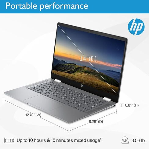 كمبيوتر محمول HP Chromebook Plus x360 مقاس 14 بوصة 2 في 1 كمبيوتر محمول للأعمال بشاشة تعمل باللمس للطلاب Intel Core i3 N305 وذاكرة وصول عشوائي 8 جيجابايت وذاكرة قراءة فقط 256 جيجابايت UFS بإضاءة خلفية KB وواي فاي 6 نظام تشغيل Chrome مع Google AI in Kuwait