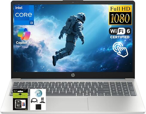 كمبيوتر محمول HP بشاشة لمس FHD مقاس 15.6 بوصة، معالج Intel Core i3-N305 ثماني النواة (يصل إلى 3.8 جيجا هرتز) ذاكرة وصول عشوائي DDR4 سعة 8 جيجابايت وذاكرة وصول عشوائي سعتها 256 جيجابايت SSD، كمبيوتر محمول مزود بكاميرا ويب خاصة عالية الدقة وشحن سريع Copilot in Kuwait