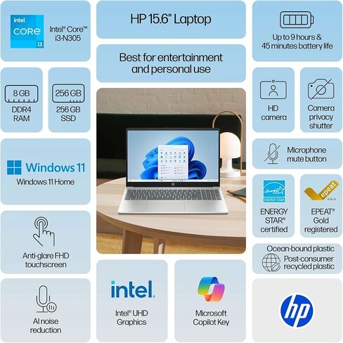 كمبيوتر محمول HP بشاشة لمس FHD مقاس 15.6 بوصة، معالج Intel Core i3-N305 ثماني النواة (يصل إلى 3.8 جيجا هرتز) ذاكرة وصول عشوائي DDR4 سعة 8 جيجابايت وذاكرة وصول عشوائي سعتها 256 جيجابايت SSD، كمبيوتر محمول مزود بكاميرا ويب خاصة عالية الدقة وشحن سريع Copilot in Kuwait
