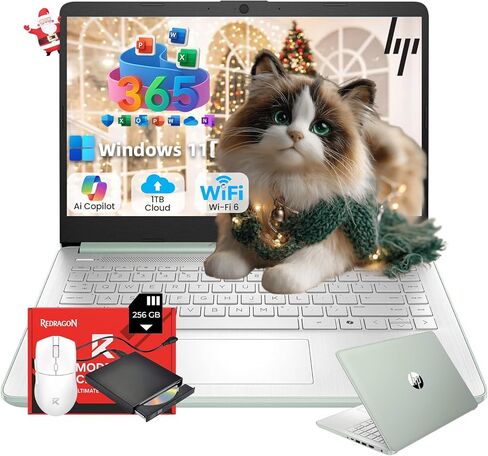 HP 14" Laptop 2025 Business Student Slim Computer, 1-Y Office 365, Copilot AI, Quad-Core Intel CPU, 16 GB RAM, 128GB UFS & 128GB SD Card, Wi-Fi 6, Windows 11 Pro, JQ2XzAccessory, Green in Saudi Arabia