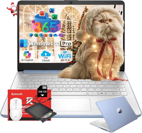 HP 14" Laptop 2025 Business Student Slim Computer, 1-Y Office 365, Copilot AI, Quad-Core Intel CPU, 16 GB RAM, 128GB UFS & 128GB SD Card, Wi-Fi 6, Windows 11 Pro, JQ2XzAccessory, Green in Saudi Arabia