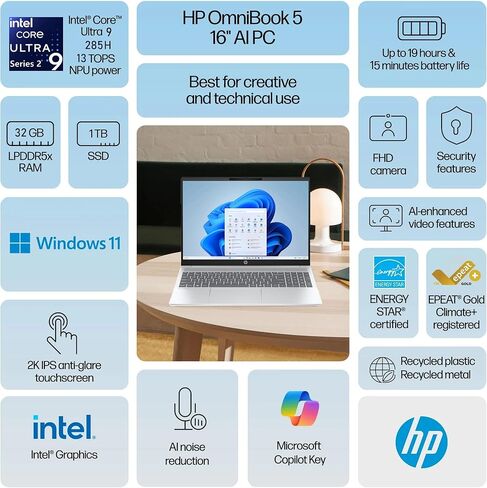 كمبيوتر محمول HP OmniBook 5 بشاشة تعمل باللمس، كمبيوتر AI، Intel Ultra 9 285H، 32 جيجابايت LPDDR5X 5600 MT/s، 1 تيرابايت PCIe SSD، 16 بوصة FHD+، بلوتوث 5.3، لوحة مفاتيح بإضاءة خلفية، Windows 11 Home، فضي جليدي، موزع من النوع C in Saudi Arabia