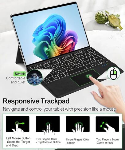 لوحة مفاتيح Surface Pro لجهاز Pro 11/10/9/8/X، لوحة مفاتيح سطحية بلوتوث لاسلكية مع 12 لوحة لمس إيماءة، 7 ألوان بإضاءة خلفية، نوم/تنبيه ذكي، بطارية قابلة لإعادة الشحن وشحن USB-C in Kuwait