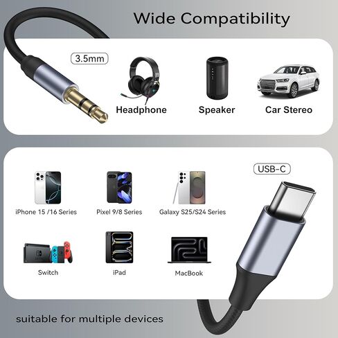 USB C to 3.5mm Audio Aux Jack Cable (3.3ft), Type C to 3.5mm Headphone Stereo Cord Car for iPhone 16 15 Pro Max Plus, Samsung Galaxy S25 S24 S23 S22 S21 Note 20, iPad Pro, Pixel 5 4 XL in Saudi Arabia