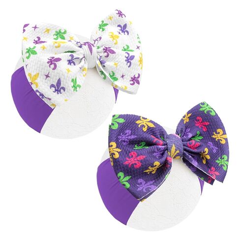 6’’ 2PCS Mardi Gras Headband for Baby Girls Purple Hair Bows for Infant Toddler Carnival Accessories White Headbands Baby Bow in Saudi Arabia