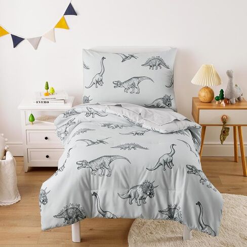 Wake In Cloud - Dinosaur Toddler Bedding Set for Boys, Dinosaur Dino Sketch, 4 Pieces Soft Crib Bed Set Including Comforter, Sheets and Pillowcase, Gray in Kuwait