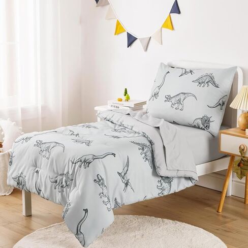 Wake In Cloud - Dinosaur Toddler Bedding Set for Boys, Dinosaur Dino Sketch, 4 Pieces Soft Crib Bed Set Including Comforter, Sheets and Pillowcase, Gray in Kuwait