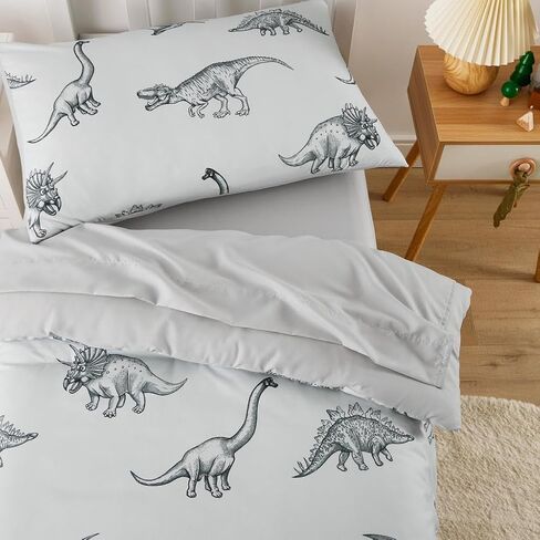 Wake In Cloud - Dinosaur Toddler Bedding Set for Boys, Dinosaur Dino Sketch, 4 Pieces Soft Crib Bed Set Including Comforter, Sheets and Pillowcase, Gray in Kuwait