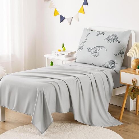 Wake In Cloud - Dinosaur Toddler Bedding Set for Boys, Dinosaur Dino Sketch, 4 Pieces Soft Crib Bed Set Including Comforter, Sheets and Pillowcase, Gray in Kuwait