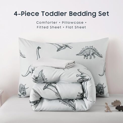 Wake In Cloud - Dinosaur Toddler Bedding Set for Boys, Dinosaur Dino Sketch, 4 Pieces Soft Crib Bed Set Including Comforter, Sheets and Pillowcase, Gray in Kuwait