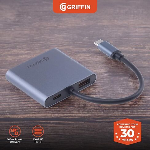 Griffin - محور 4 في 1، محول USB C Hub متعدد المنافذ مع USB 3.0، محول HDMI مزدوج 4K لأجهزة الكمبيوتر المحمول، MacBook، والمزيد، توصيل طاقة 100 وات in Saudi Arabia