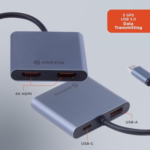 Griffin - محور 4 في 1، محول USB C Hub متعدد المنافذ مع USB 3.0، محول HDMI مزدوج 4K لأجهزة الكمبيوتر المحمول، MacBook، والمزيد، توصيل طاقة 100 وات in Saudi Arabia