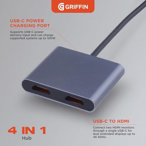 Griffin - محور 4 في 1، محول USB C Hub متعدد المنافذ مع USB 3.0، محول HDMI مزدوج 4K لأجهزة الكمبيوتر المحمول، MacBook، والمزيد، توصيل طاقة 100 وات in Saudi Arabia