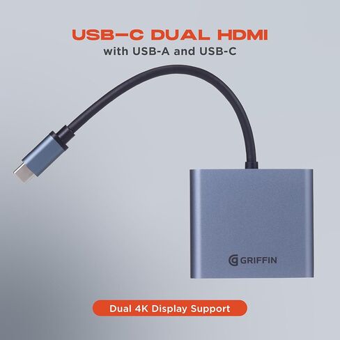 Griffin - محور 4 في 1، محول USB C Hub متعدد المنافذ مع USB 3.0، محول HDMI مزدوج 4K لأجهزة الكمبيوتر المحمول، MacBook، والمزيد، توصيل طاقة 100 وات in Saudi Arabia
